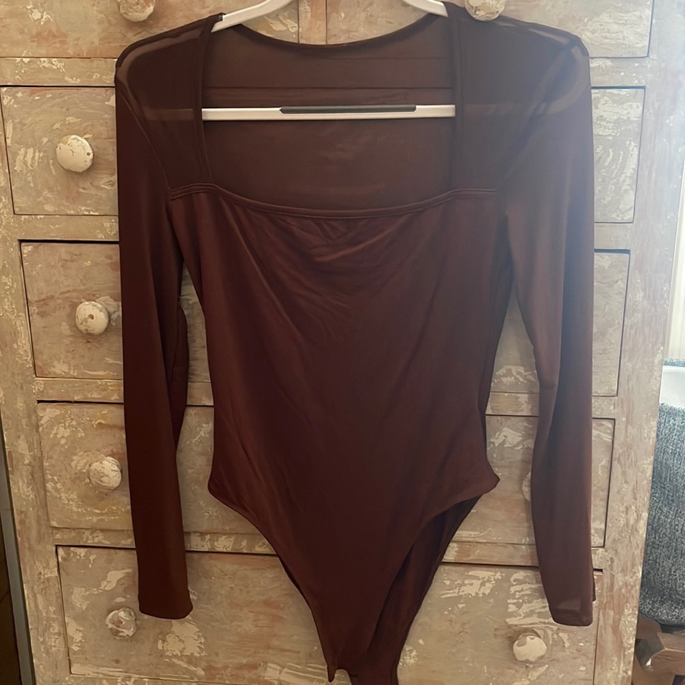 Shein brown mesh square neck bodysuit!